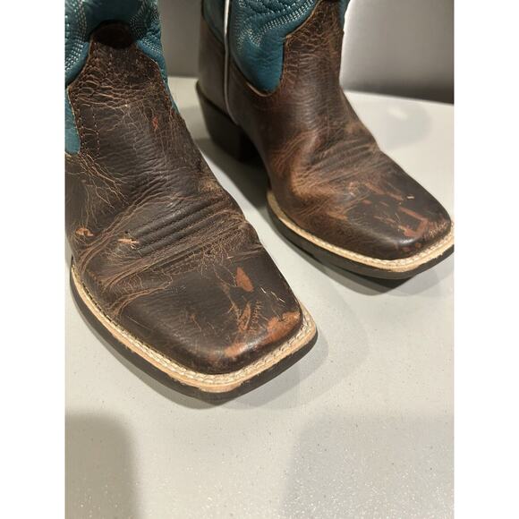 ARIAT Brown/Aqua Western Cowboy Boots Girls Youth Size 1.5 Cowgirl - Picture 2 of 8